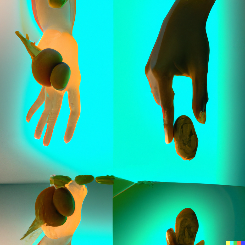 dall·e 2022 09 08 15.14.25 a neon brown hand, trying to reach for a bean. in the background, figures like those in portinari's painting retirante.